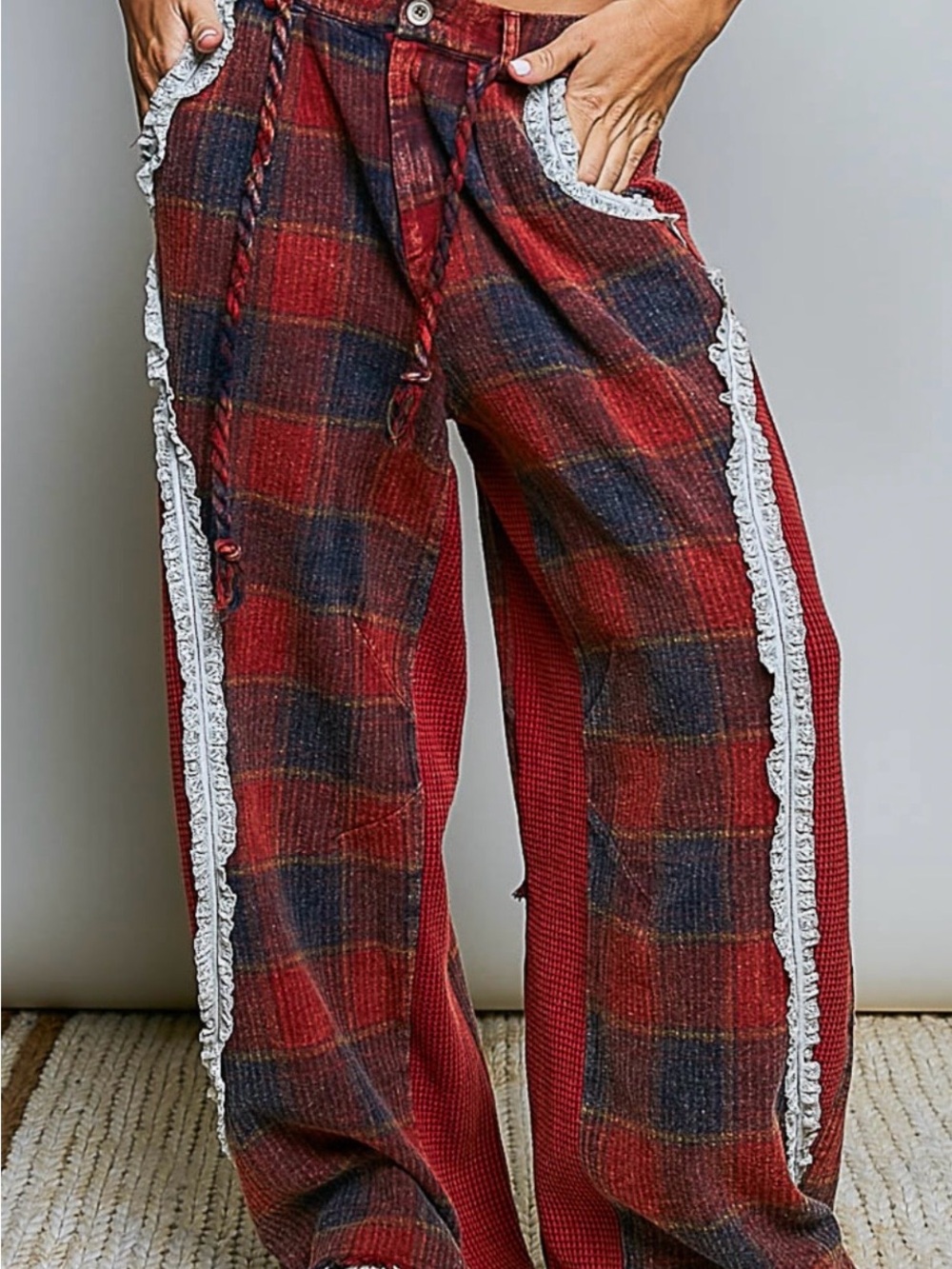 POL Red and Navy Plaid Wide-Leg Pants with Lace Trim